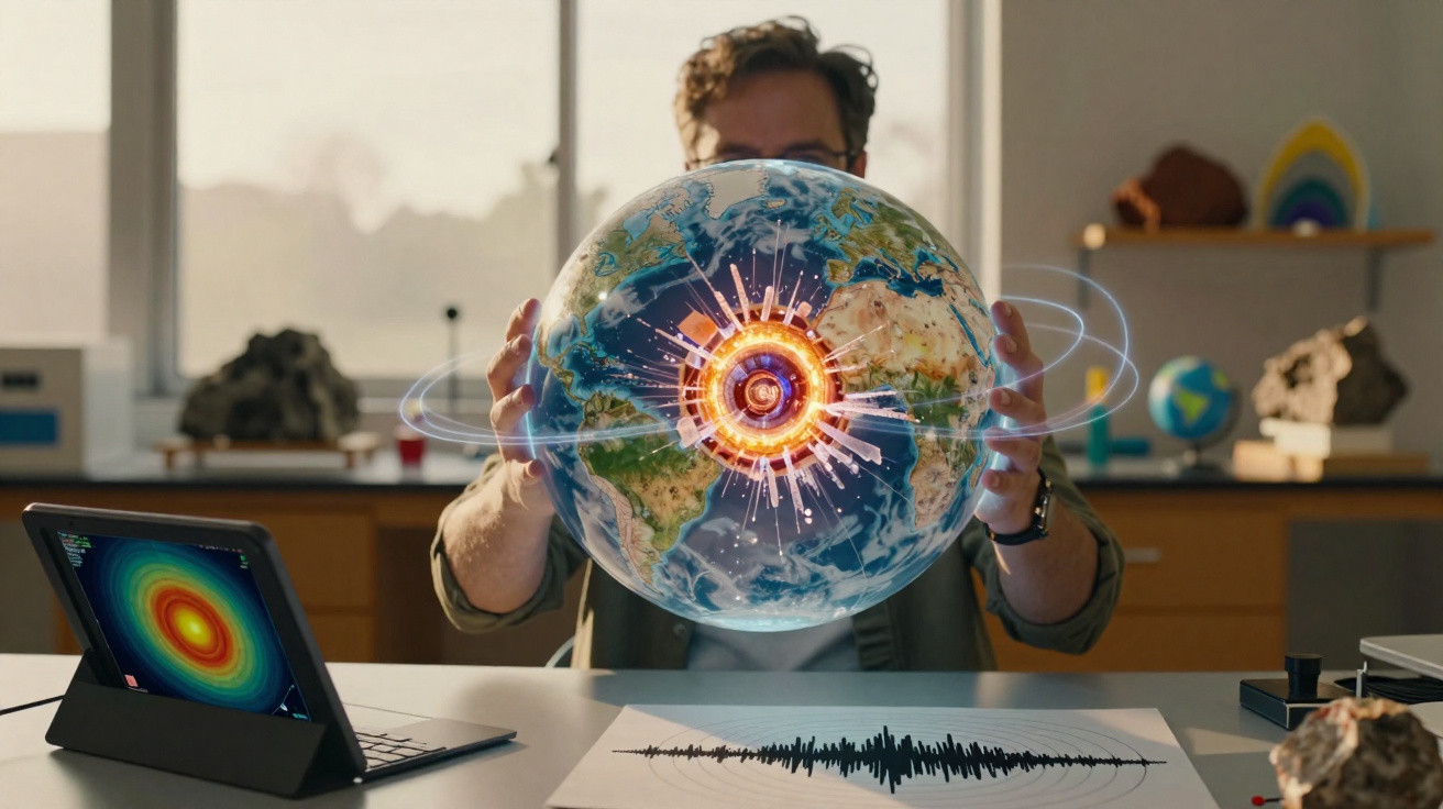 Pessoa segurando globo terrestre digital com foco em atividade sísmica e efeitos gráficos em laboratório científico.