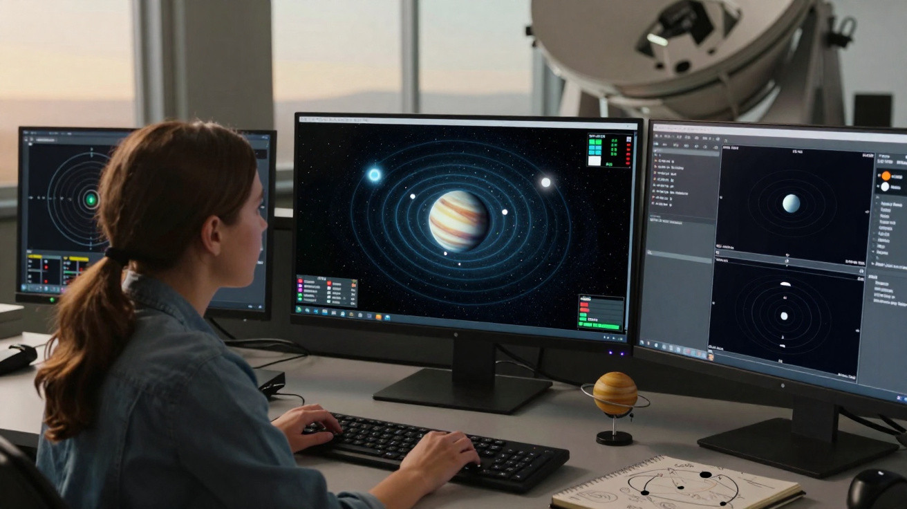 Mulher estudando modelos de sistema solar em múltiplos monitores em laboratório de astronomia.