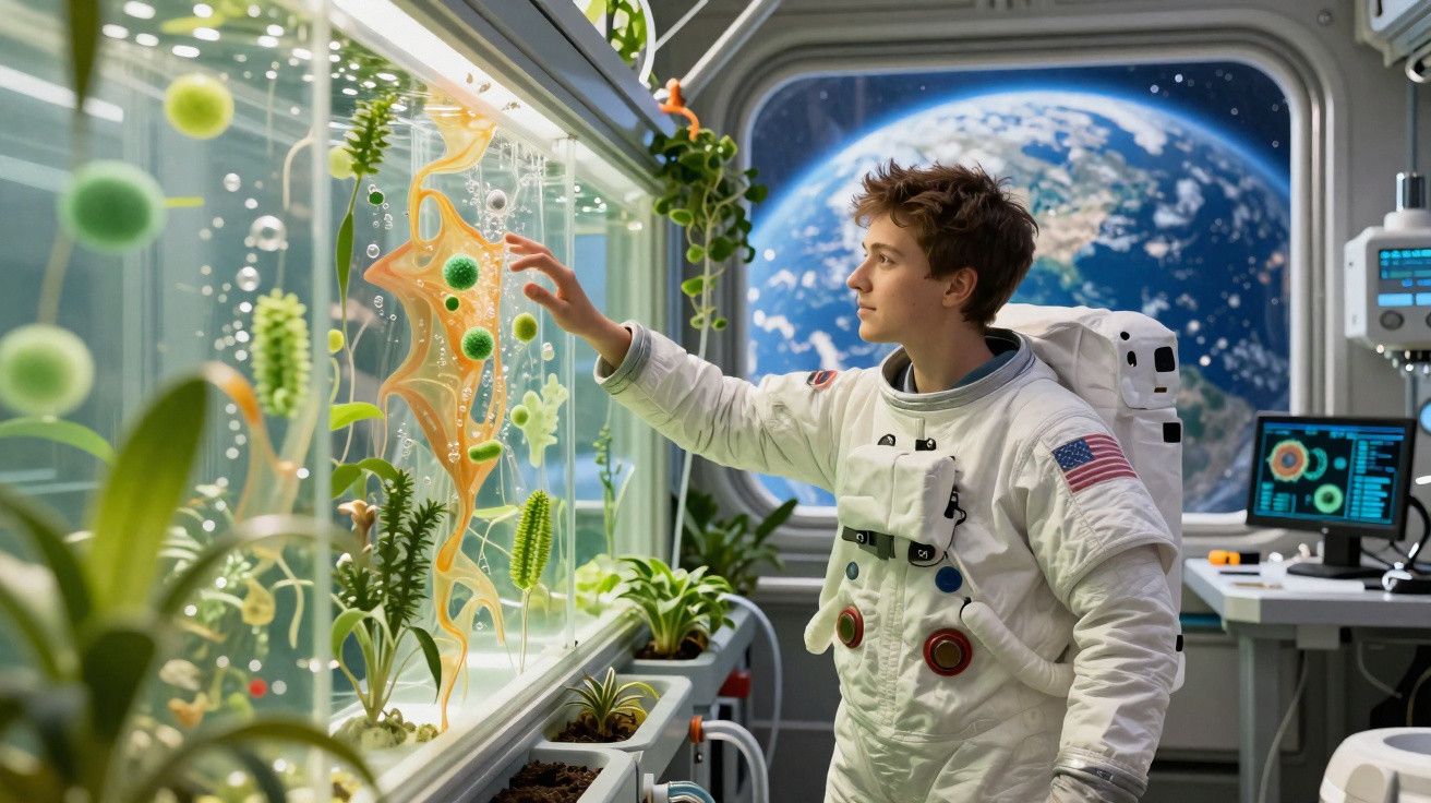 Astronauta em traje branco estudando plantas e microrganismos em laboratório espacial com vista da Terra.