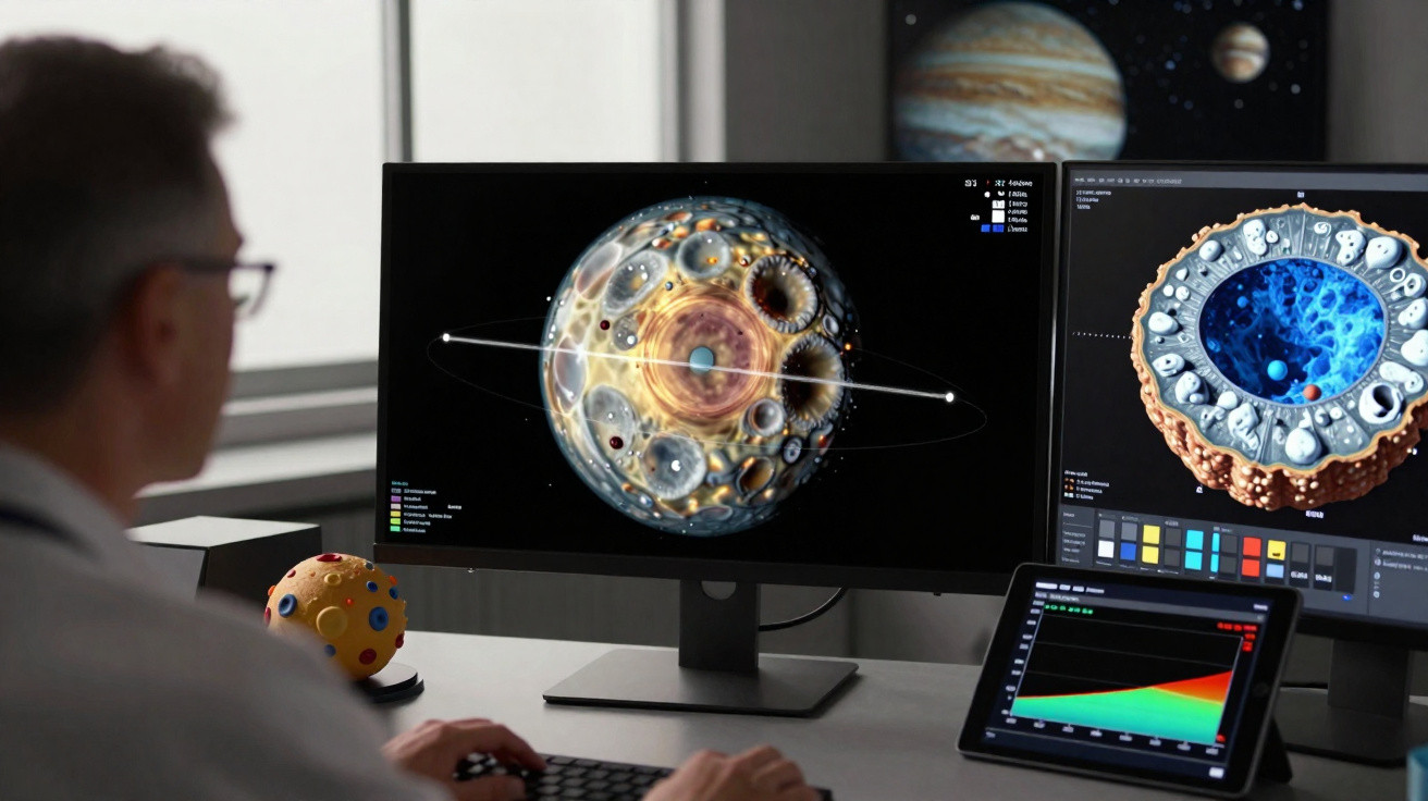 Pessoa analisando modelo 3D detalhado de uma lua com crateras em monitores na mesa.