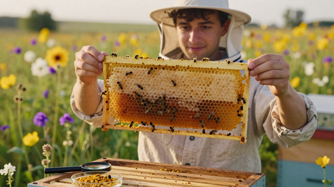 Apicultor segurando quadro de colmeia com abelhas em campo florido durante o dia.