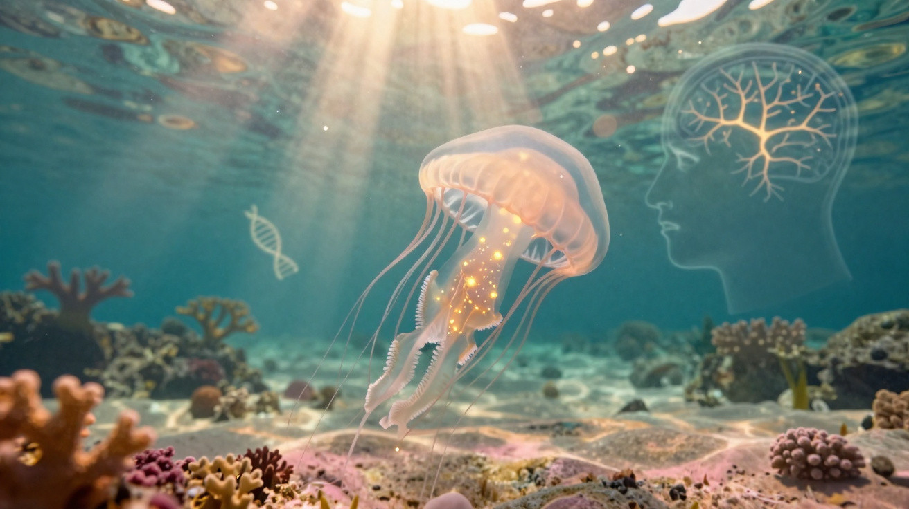Medusa translúcida iluminada pelo sol em fundo marinho com corais e silhueta de cérebro humano.