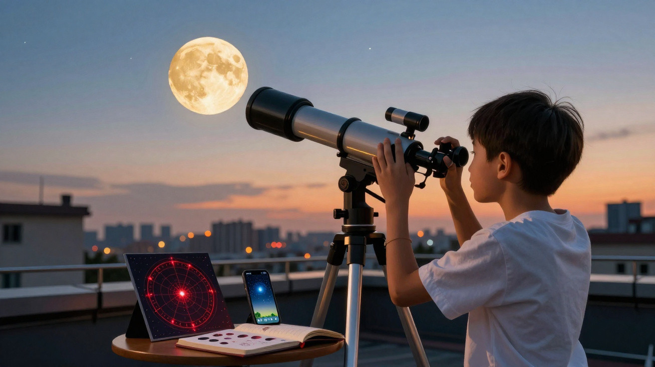 Menino observando a lua por telescópio ao entardecer com livro e celular em mesa próxima.