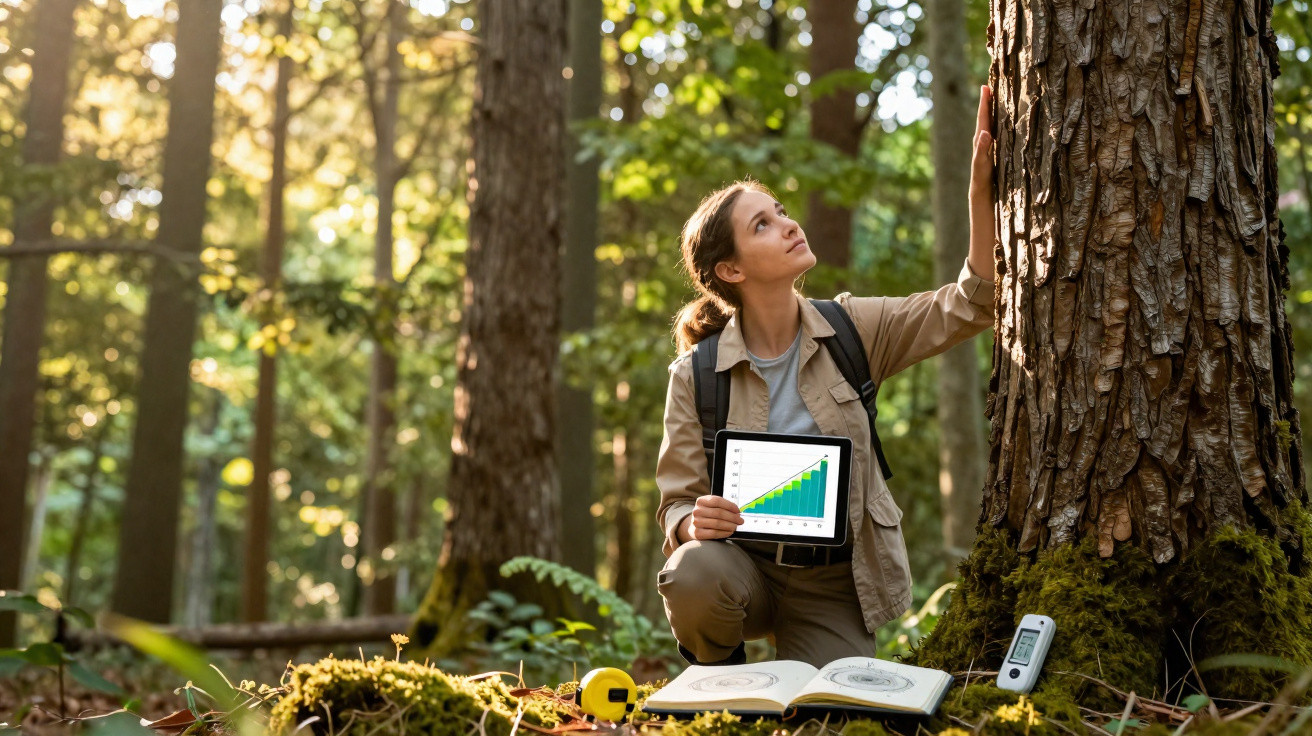 Mulher em floresta com tablet, fazendo pesquisa ambiental e analisando árvore grande.