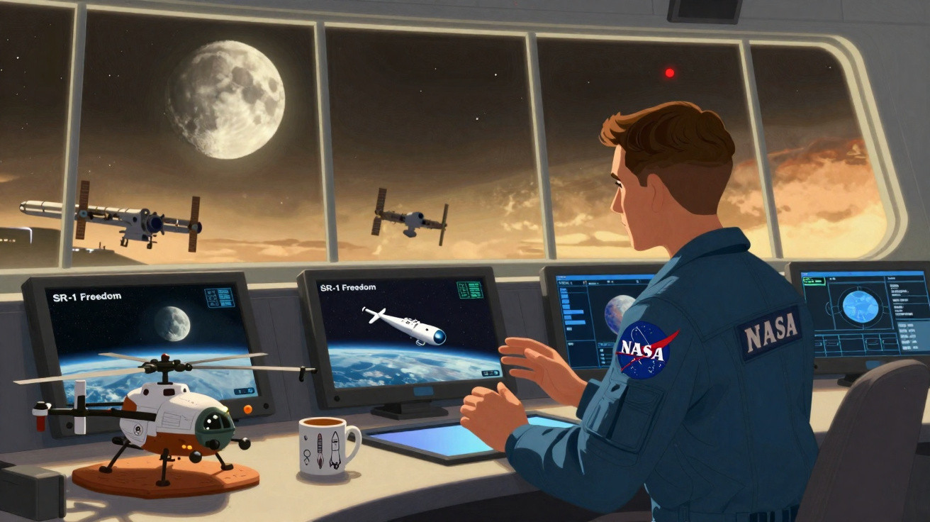 Astronauta da NASA monitora missões espaciais em estação com vista da Lua e Terra à noite.
