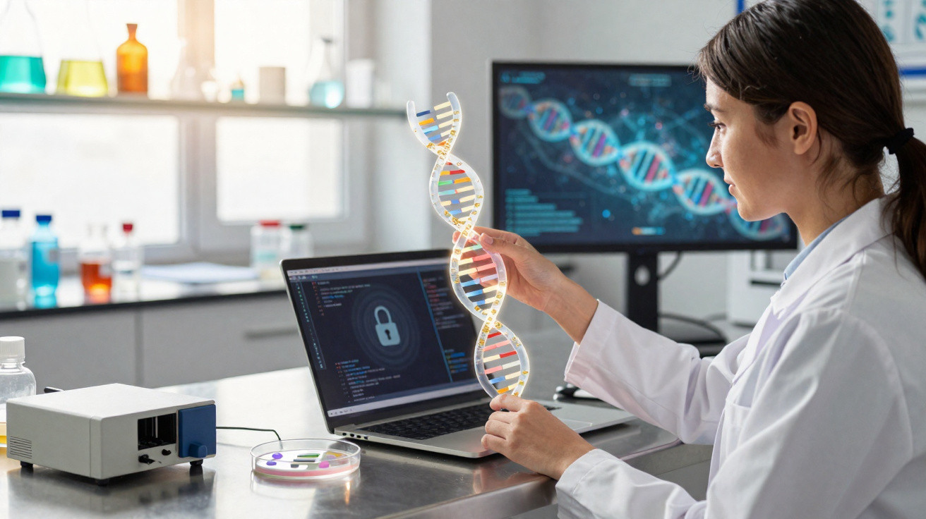 Cientista em laboratório segura modelo de DNA com laptops e tela exibindo informação genética ao fundo.
