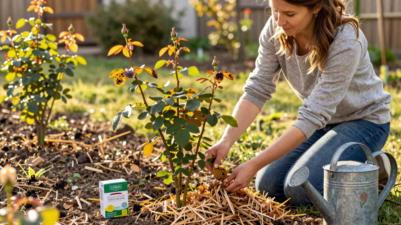Mulher cuidando de planta de rosa com regador e produto antifungo em jardim ensolarado.