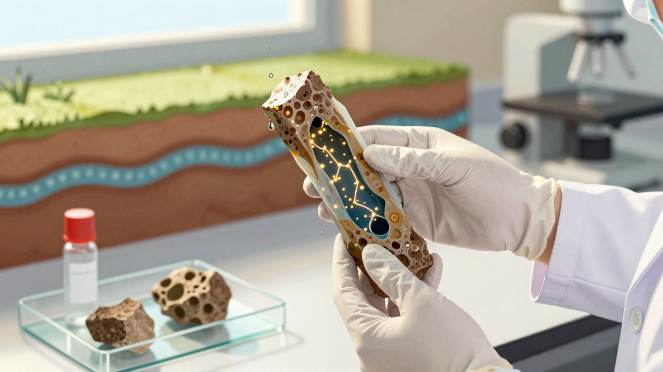 Pesquisador segura modelo de osso com nervos visíveis em laboratório, com peças de osso e microscópio ao fundo.