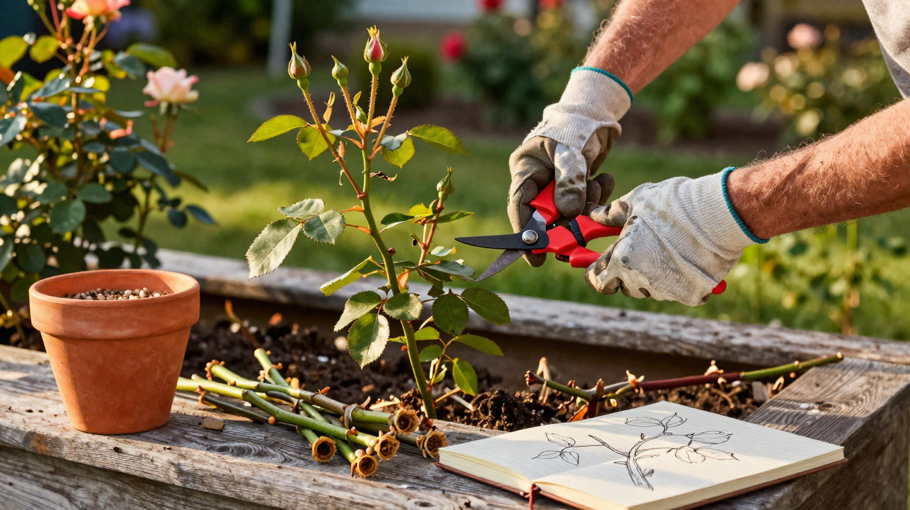 Pessoa podando roseira com tesoura de jardinagem ao lado de vaso, galhos cortados e desenho de rosa.
