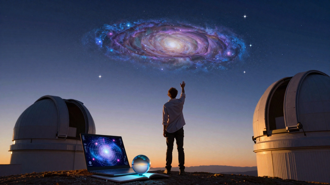 Pessoa apontando para galáxia no céu ao entardecer entre dois observatórios com laptop e esfera luminosa.