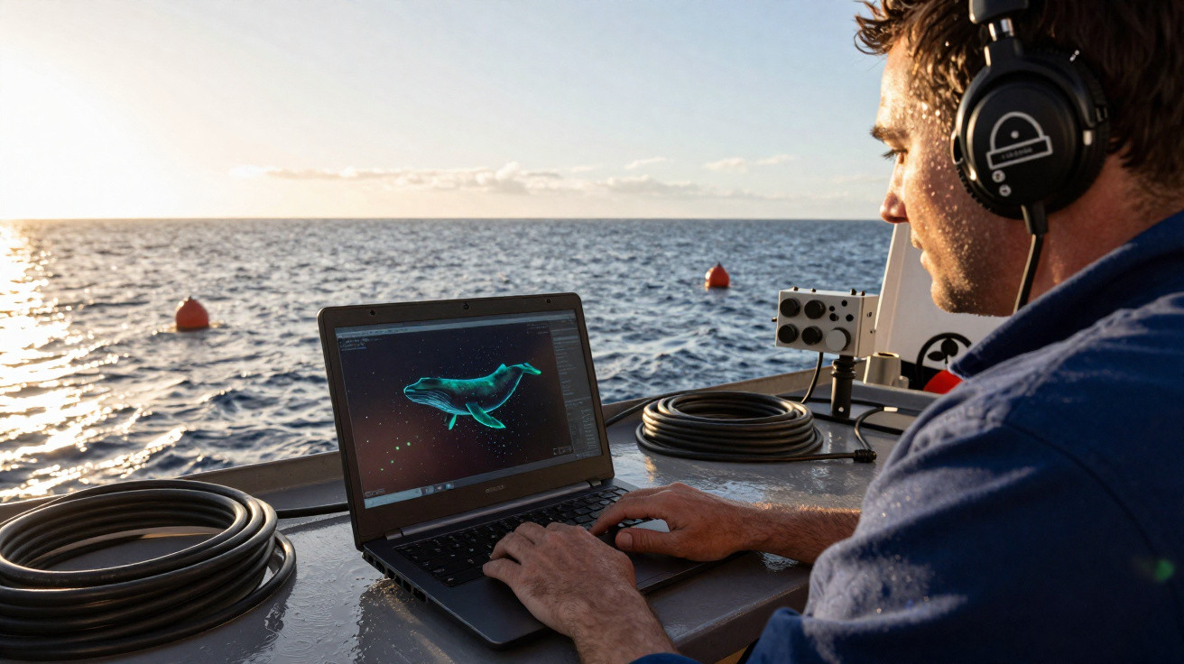 Homem com fones usando laptop para analisar imagem 3D de uma baleia no mar ao pôr do sol.