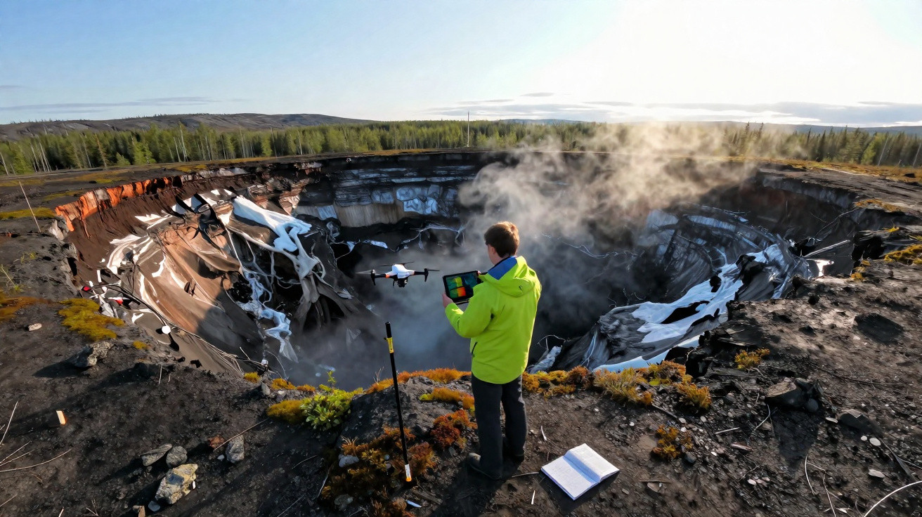 Pesquisador controla drone perto de enorme cratera geológica fumegante em área remota coberta por vegetação.