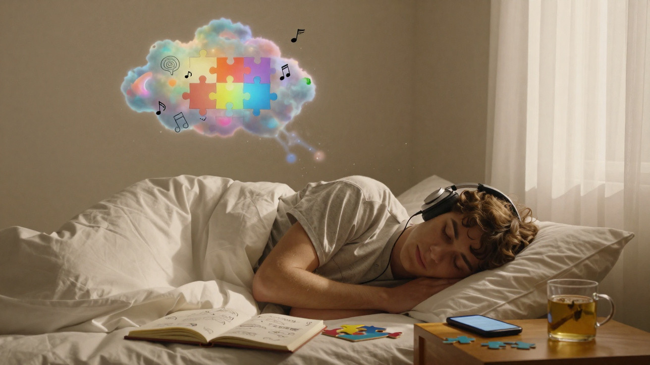 Pessoa dormindo com fones, ao lado livro e chá, com nuvem colorida de pensamento com peças de quebra-cabeça e notas musicais.