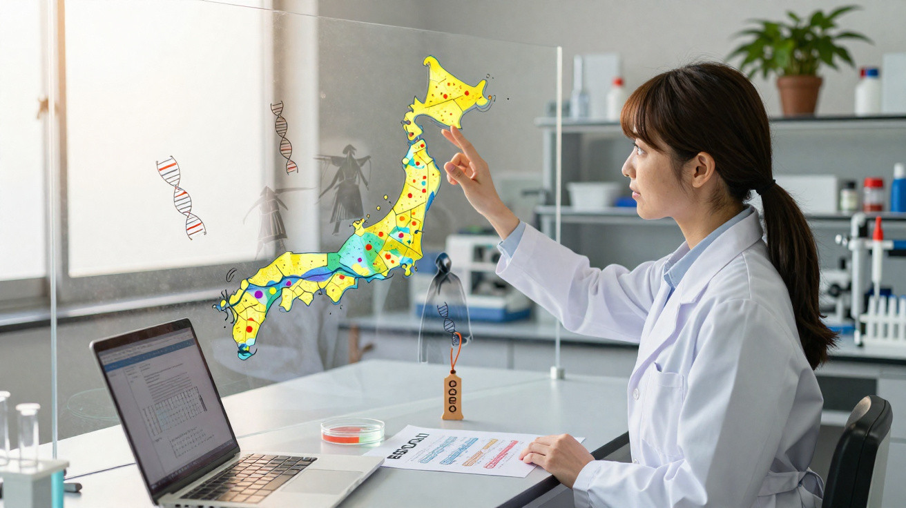 Mulher cientista analisando mapa interativo do Japão em laboratório com equipamento de pesquisa ao redor.