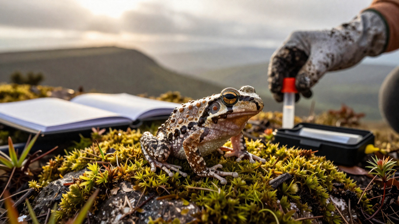 Sapo sobre musgo com pessoa de luva segurando tubo de coleta e caderno aberto ao fundo em área montanhosa.