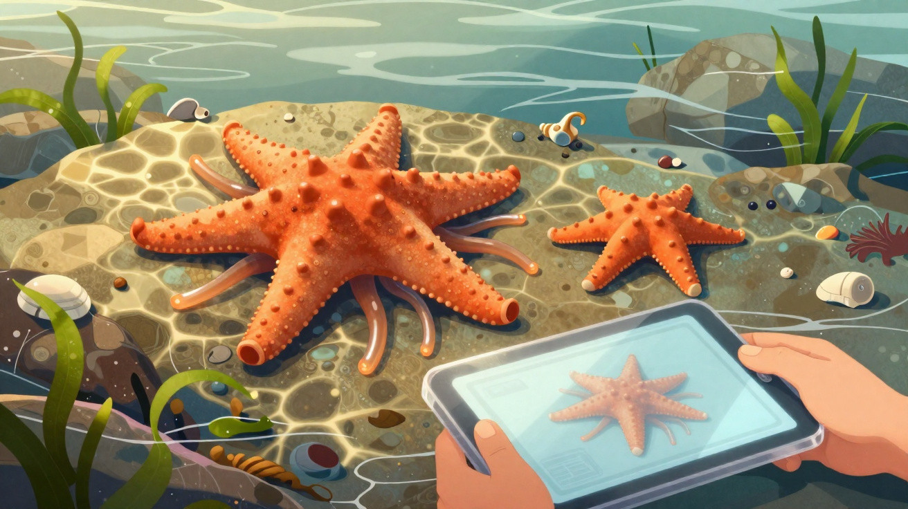 Estrela-do-mar laranja em um ambiente marinho raso, com mãos segurando tablet que mostra a estrela.
