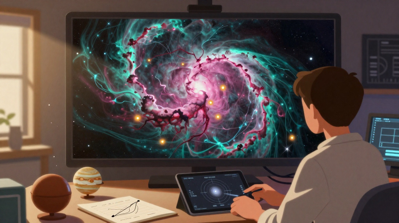 Pessoa analisando imagens de uma galáxia em tela grande em um ambiente de estudo digital.