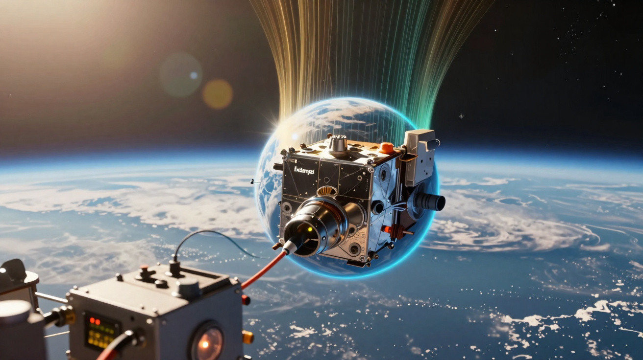 Satélite com feixe laser apontado para uma Terra vista do espaço com campo magnético visível.