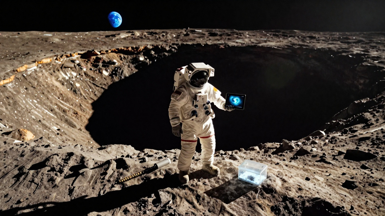 Astronauta na superfície lunar segurando tablet, crateras ao fundo e Terra visível no céu escuro.