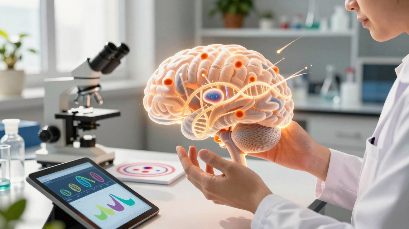Pessoa em laboratório segurando holograma de cérebro com DNA e dados genéticos em tablet ao lado.