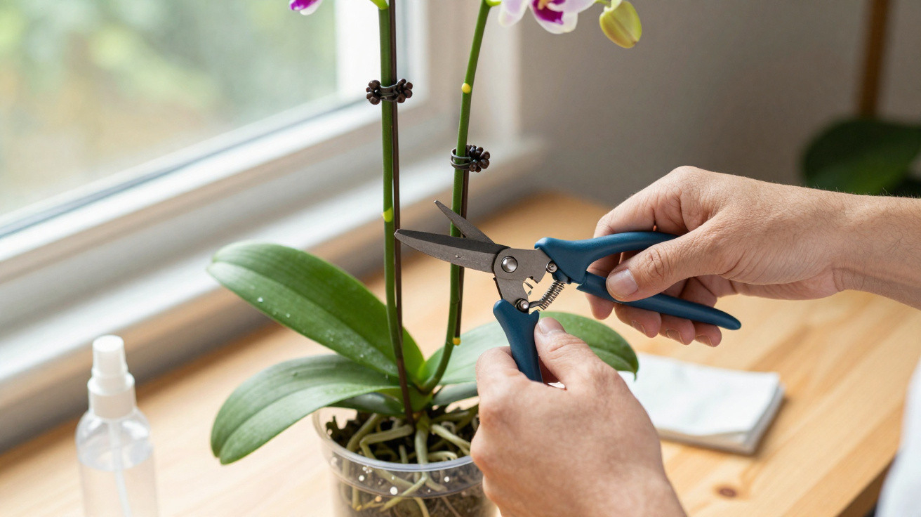 Pessoa podando uma planta orquídea com tesoura de jardinagem em ambiente interno próximo à janela.