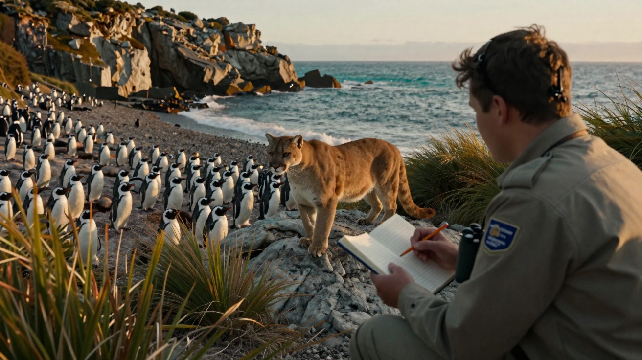 Homem observa puma próximo a grupo de pinguins na praia com mar e pedras ao fundo.
