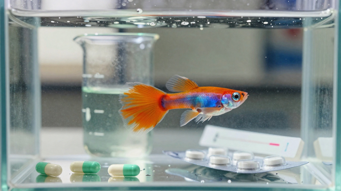 Peixe colorido nadando em aquário com comprimidos, cápsulas e um copo medidor ao fundo.