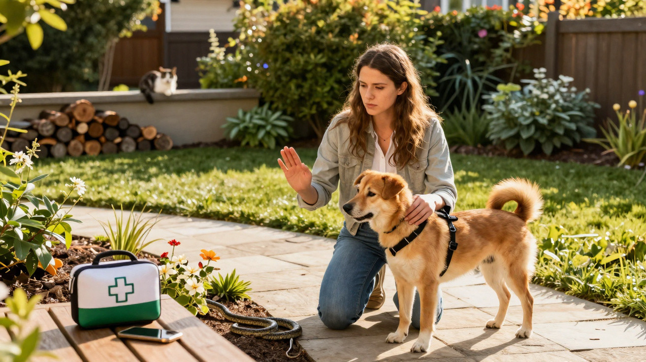 Mulher agachada treinando cachorro em jardim com estojo de primeiros socorros e celular ao lado.
