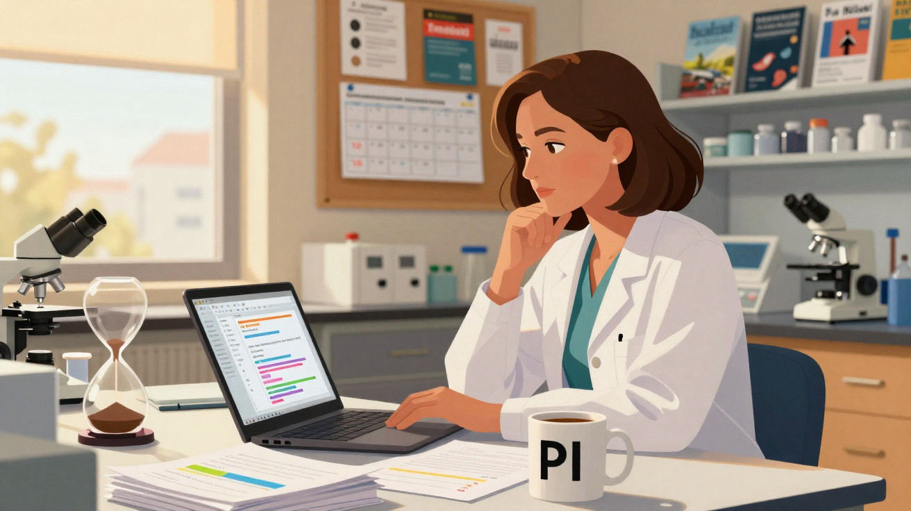 Mulher cientista em jaleco trabalha em laptop em laboratório com microscópios e documentos na mesa.