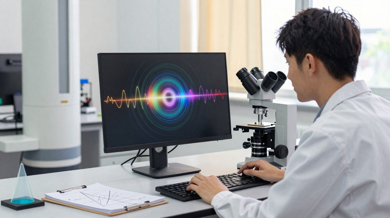 Pesquisador em laboratório observando gráficos coloridos em monitor ao lado de microscópio e documentos.