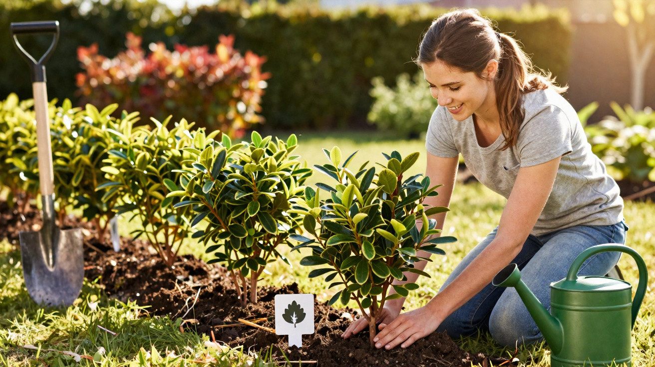 Mulher sorridente plantando arbusto em jardim ensolarado com regador e pá ao lado.