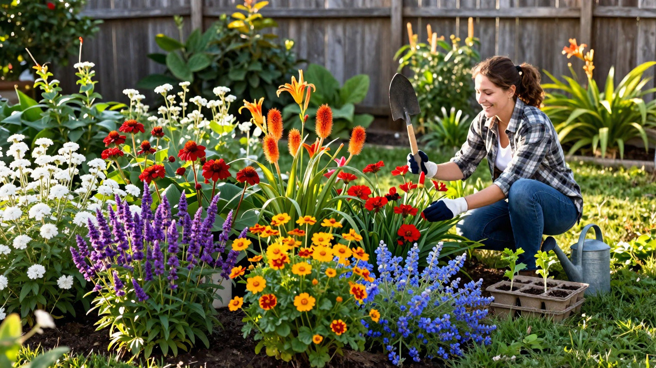 Mulher sorrindo cuidando de flores coloridas em jardim residencial ensolarado.