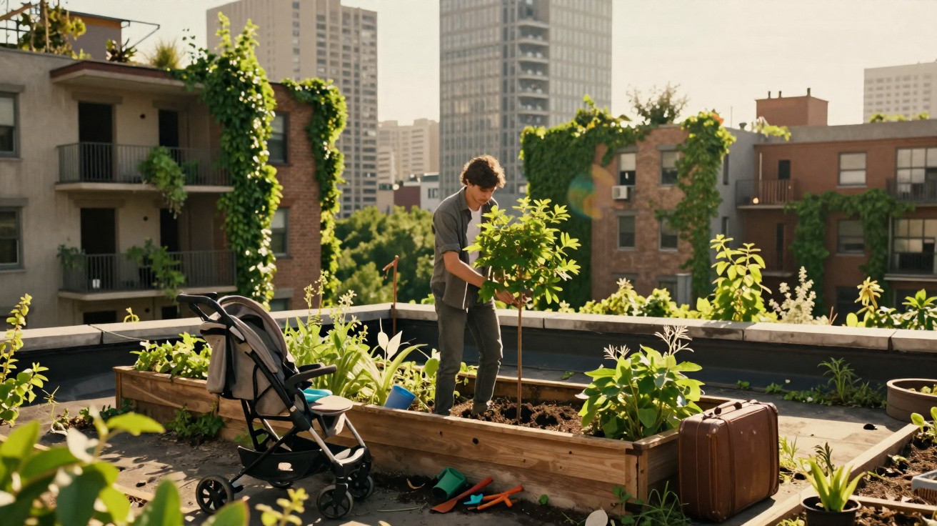 Homem cuidando de planta em canteiro elevado numa cobertura de prédio urbano com carrinho de bebê ao lado.