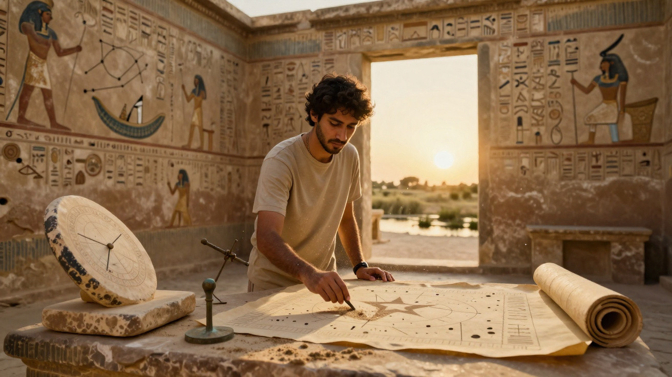 Homem estudando mapa estelar em ruínas com hieróglifos ao pôr do sol.