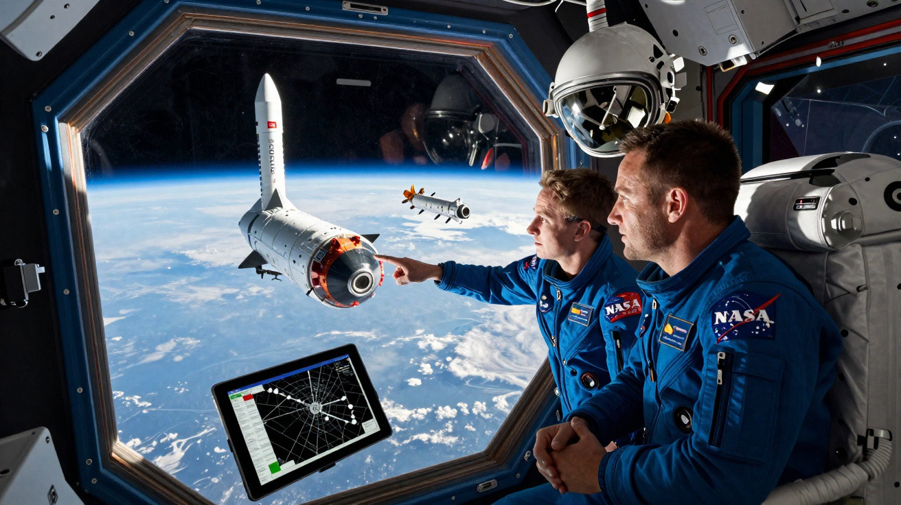 Dois astronautas da NASA observam e apontam para modelos de foguetes em miniatura flutuando dentro da estação espacial.