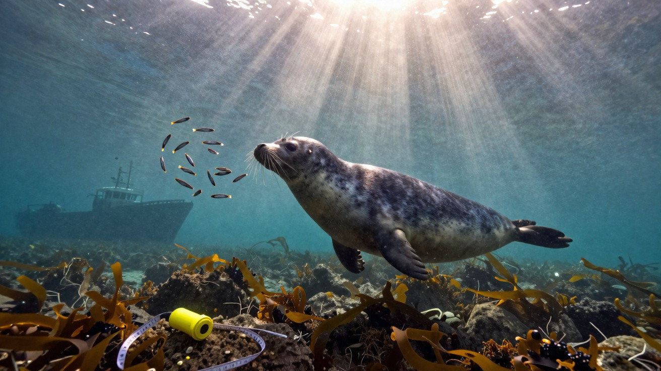 Foca nadando em águas claras com peixes, algas no fundo e barco afundado ao fundo.