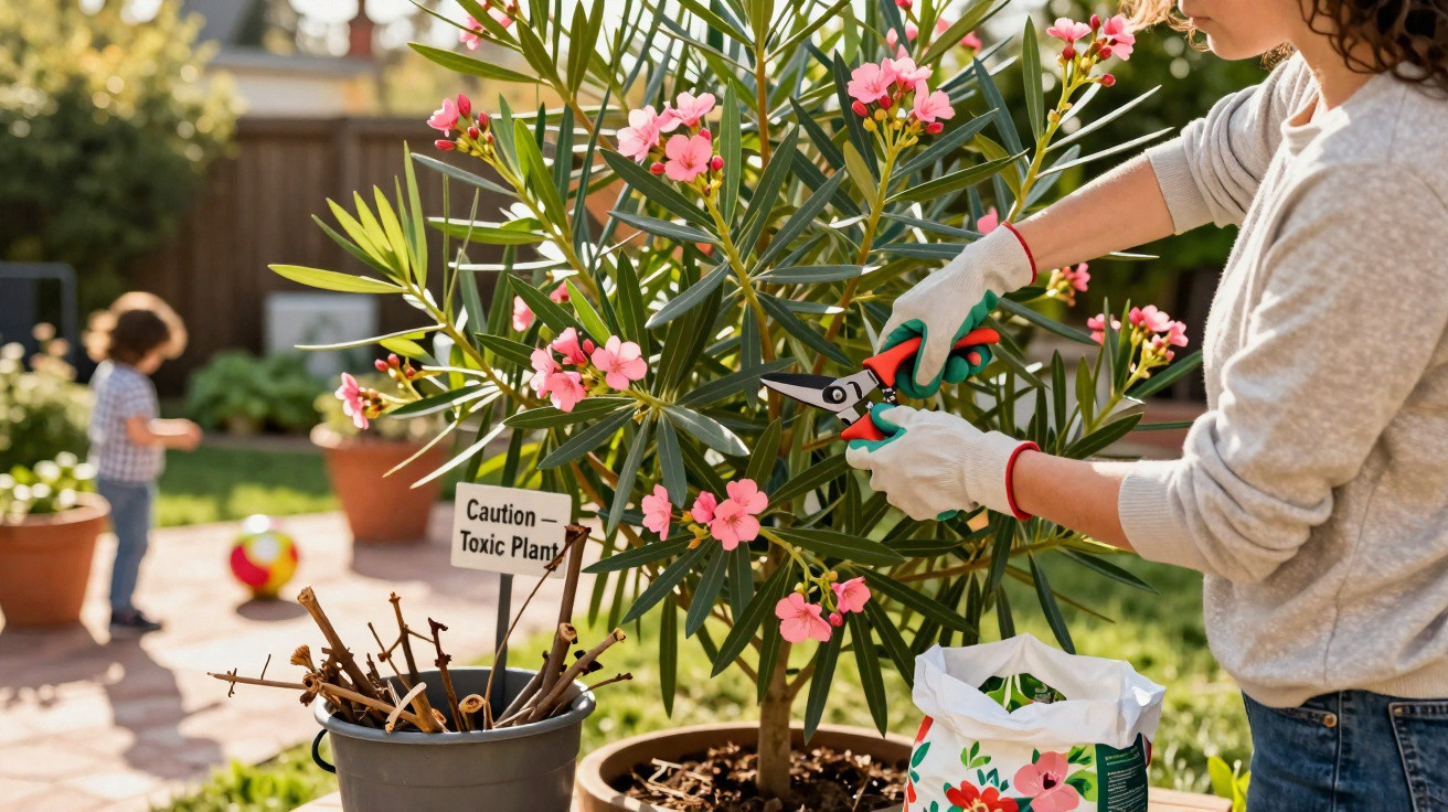 Pessoa podando planta com flores rosas em vaso, criança brincando ao fundo em jardim ensolarado.