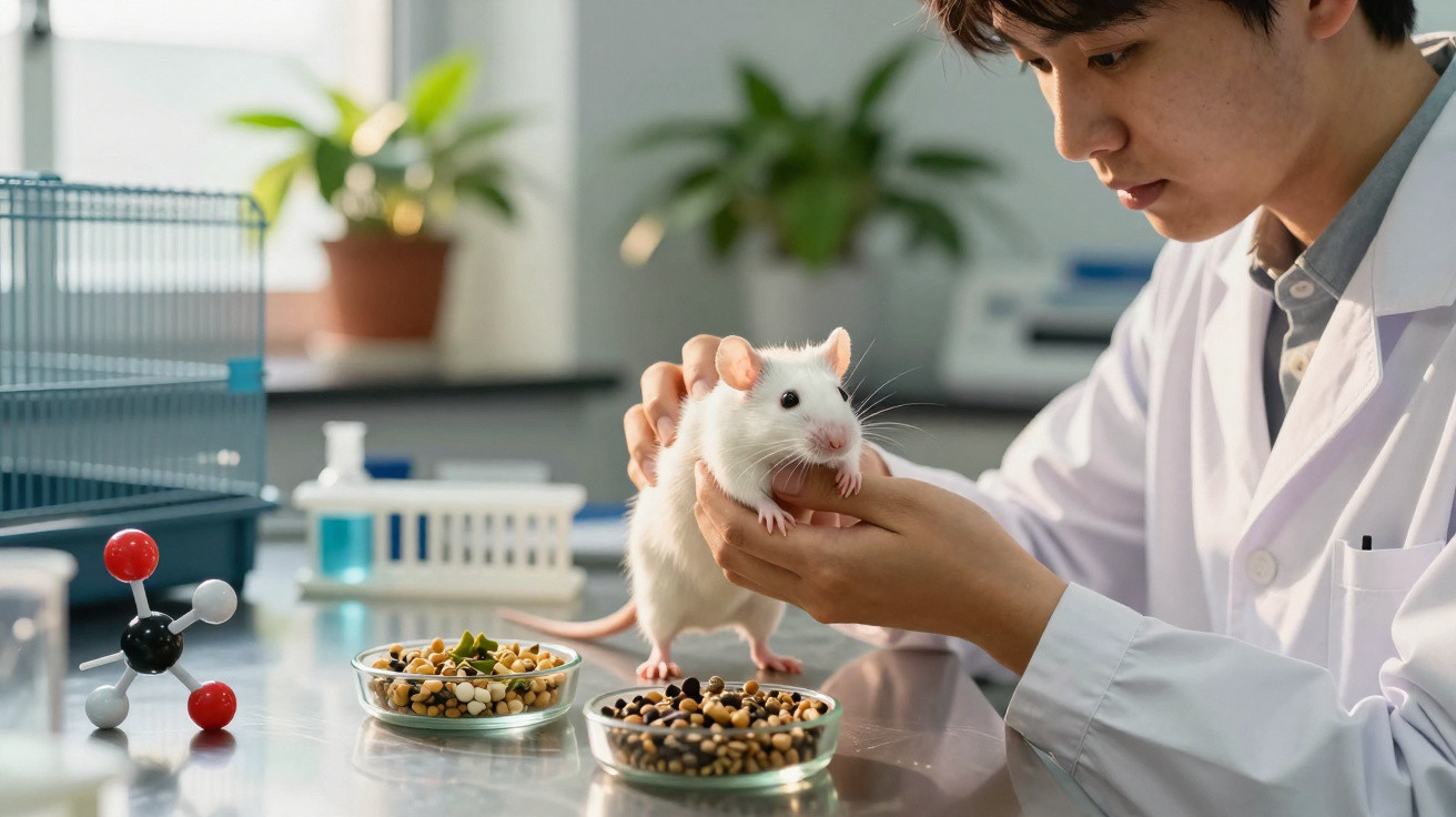 Pesquisador em jaleco branco segurando um rato branco em laboratório com alimentos e materiais científicos.