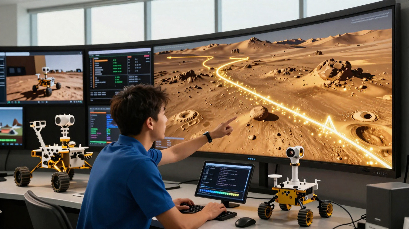 Pessoa analisando dados em vários monitores e simulador de rover marciano em escritório tecnológico.