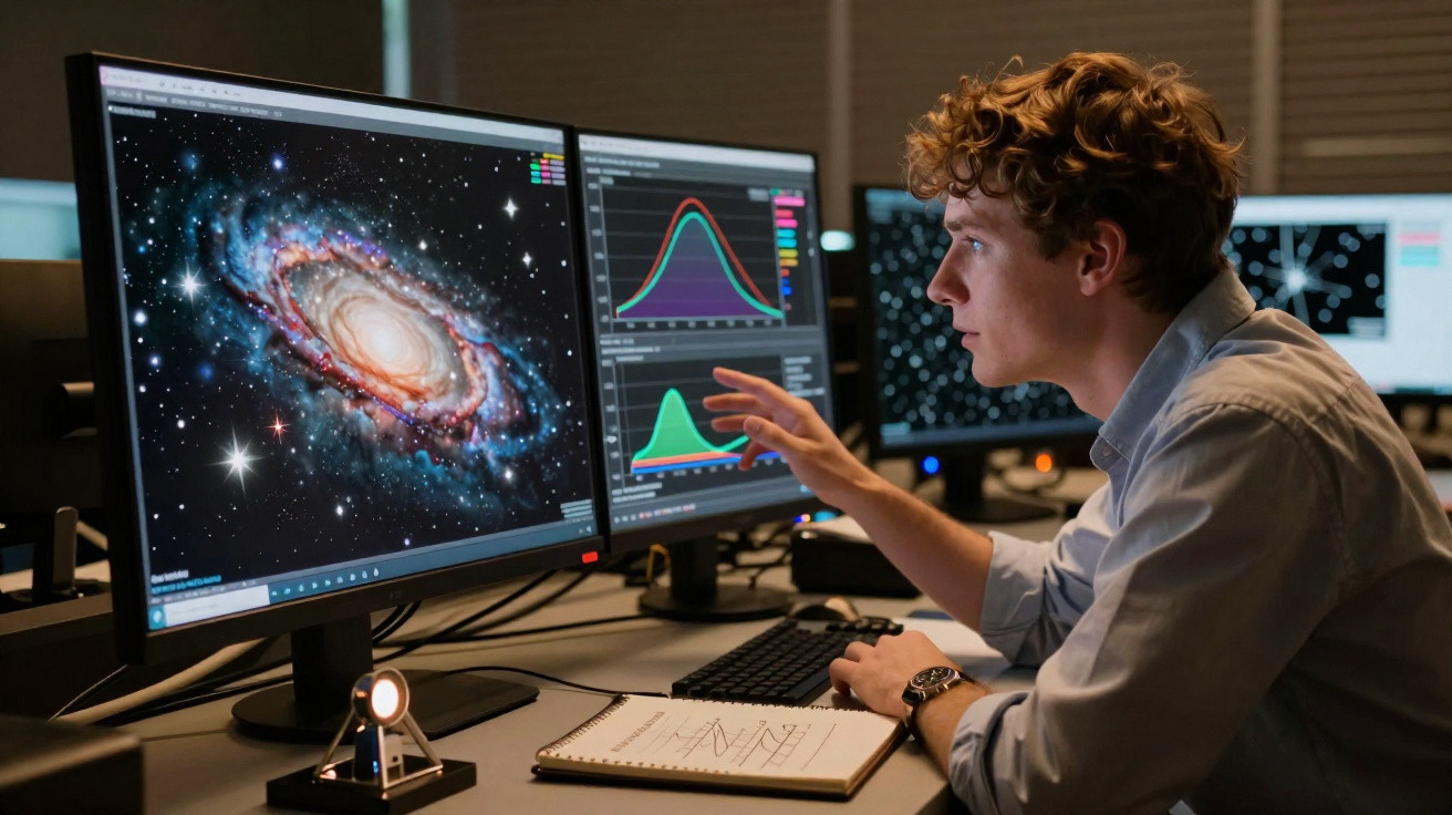 Jovem analisando imagens e gráficos de galáxias em dois monitores de computador em laboratório.