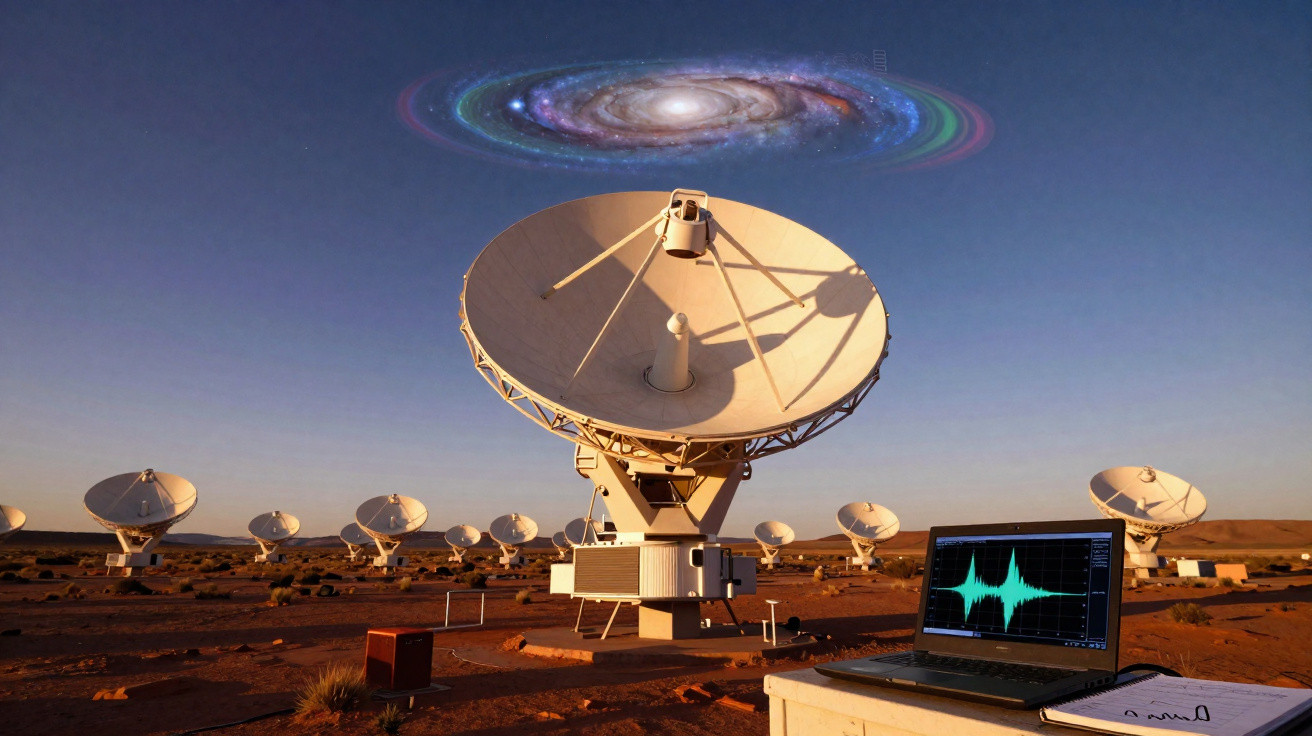 Antenas de rádio em deserto com laptop exibindo gráfico e galáxia sobreposta no céu.