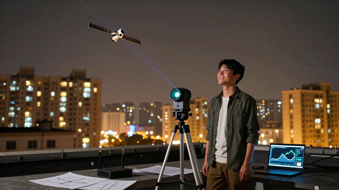 Jovem observa satélite com telescópio em varanda à noite, com laptop e plantas sobre a mesa.