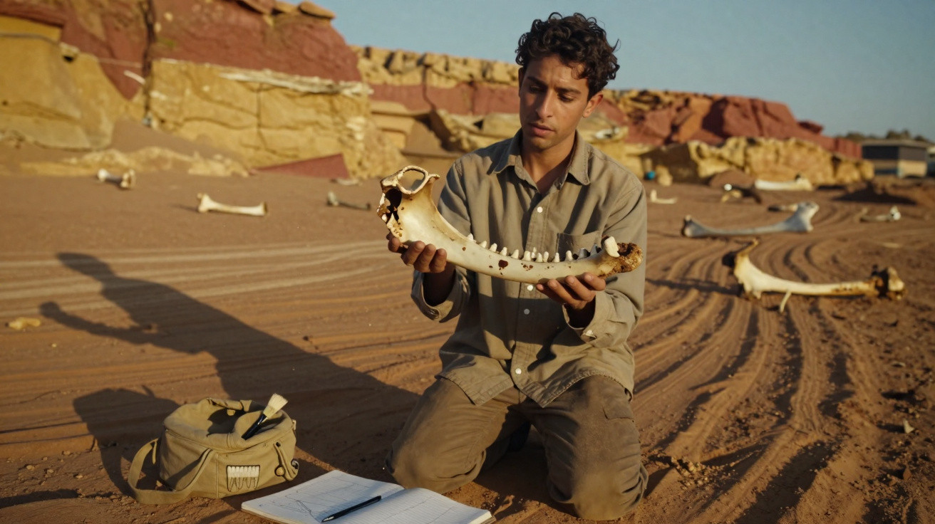 Homem ajoelhado no deserto segurando mandíbula de animal, com caderno e mochila no chão.