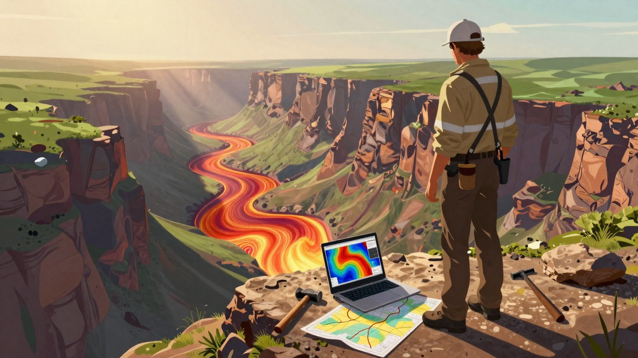 Geólogo observa cânion com rio de lava enquanto analisa mapas e dados em laptop.