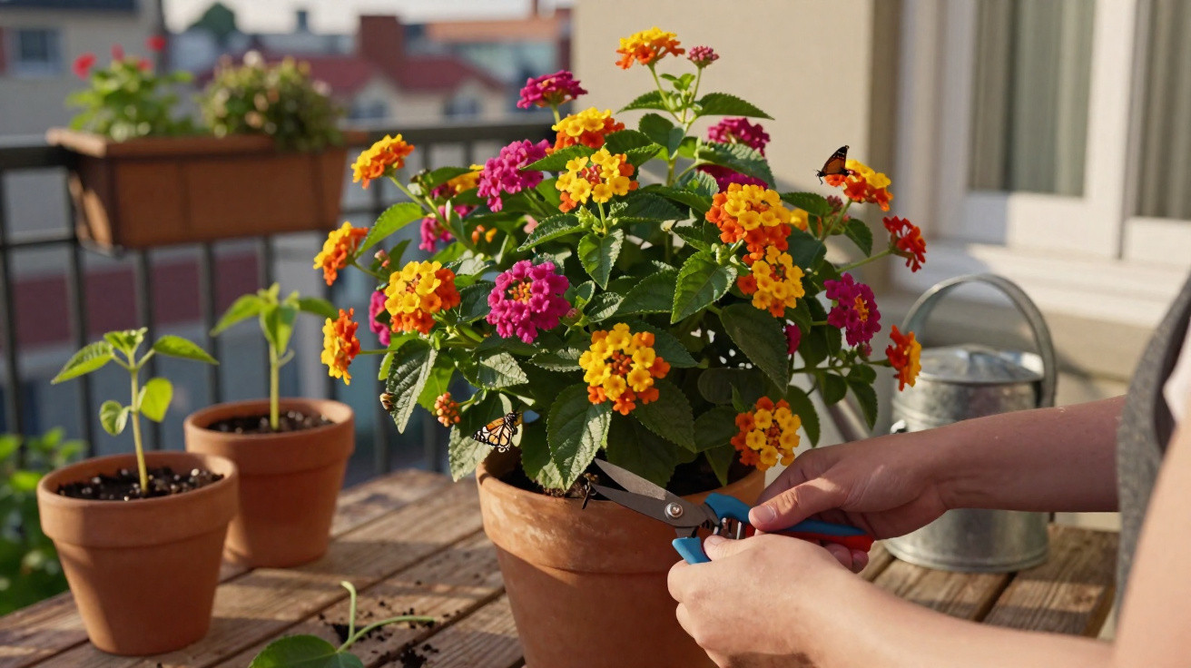 Pessoa podando flores coloridas em vaso de cerâmica sobre mesa de madeira em varanda ao sol.
