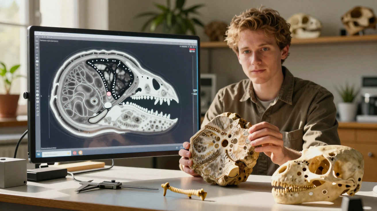 Jovem analisando crânio fóssil e um modelo digital do mesmo em computador na mesa de estudo.
