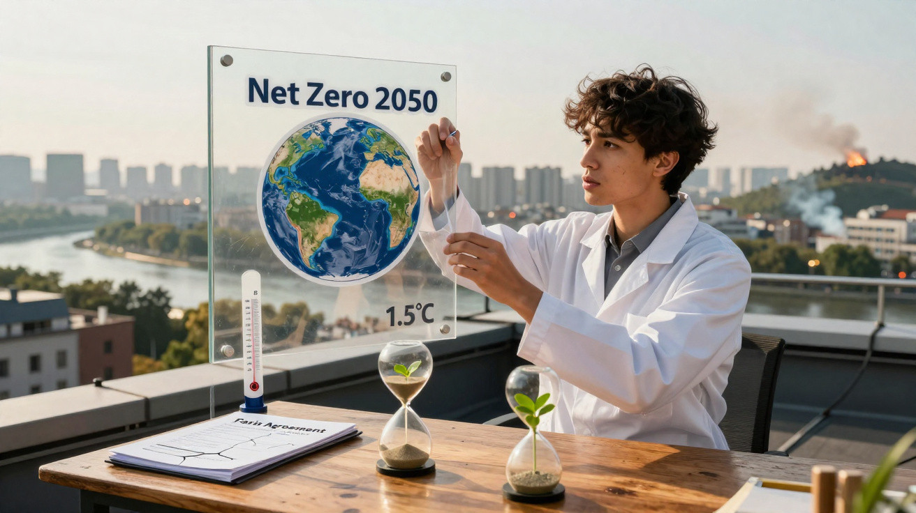 Jovem cientista com jaleco observa amostra em mesa com plantas, termômetro e painel sustentável Net Zero 2050.