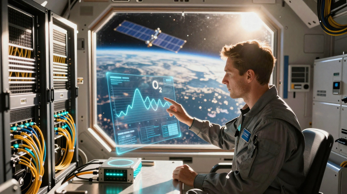 Astronauta analisando dados de oxigênio em painel holográfico dentro da estação espacial com vista da Terra e satélite.