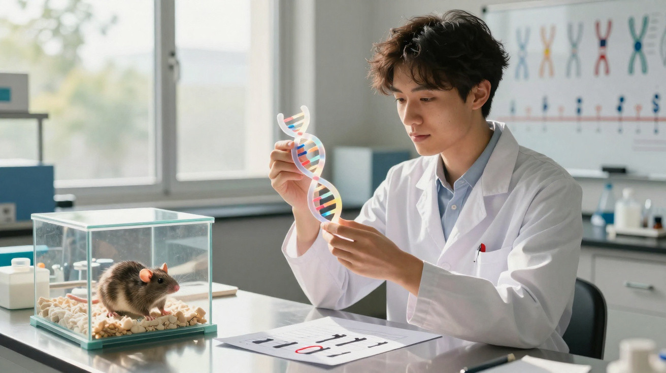 Cientista em laboratório segurando modelo de DNA próximo a rato em gaiola de vidro.