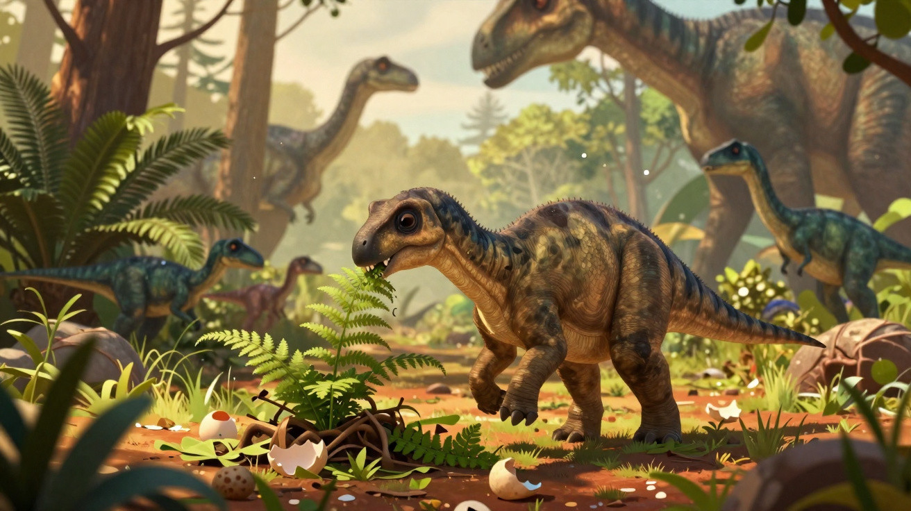 Dinossauros em um ambiente pré-histórico com vegetação, ovos quebrados e filhote em destaque central.